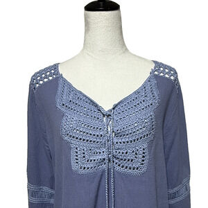 Chicos Top Womens Large 2 Blue Crochet Tasseled Peasant Flowy Beachy Boho